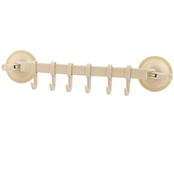 Home Bathroom Plastic Suction Cup 6 Hooks Towel Coat Hanging Shelf Rack Khaki