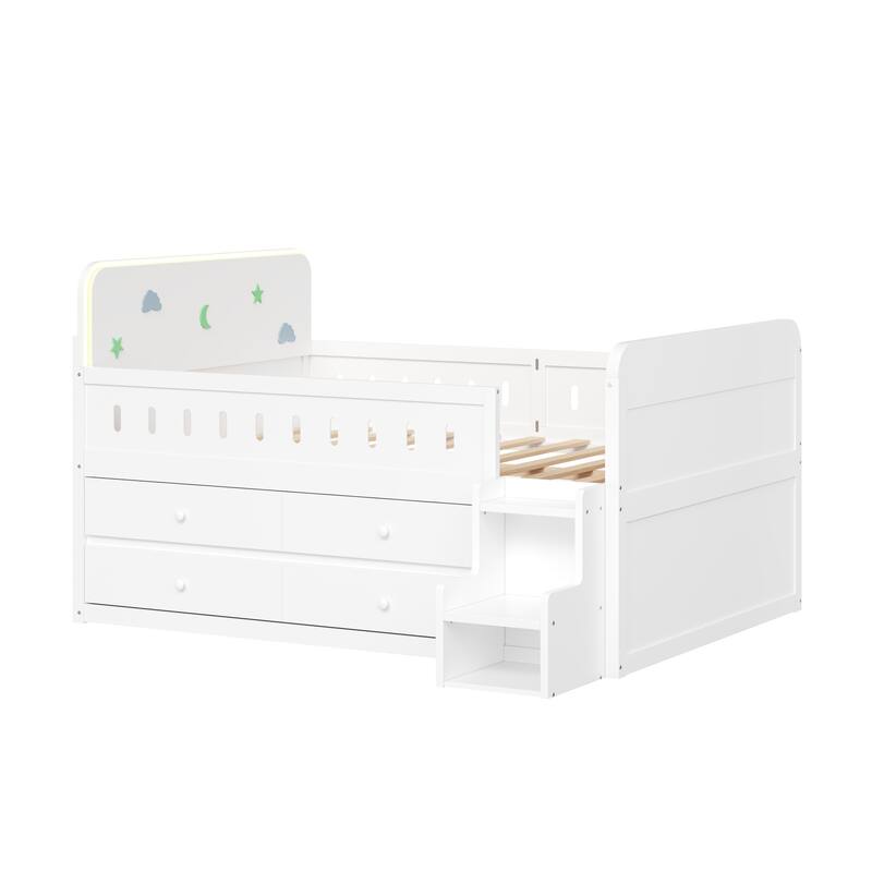 GDFStudio - Modern Wooden Full Size Bed with LED Light and Storage Drawers