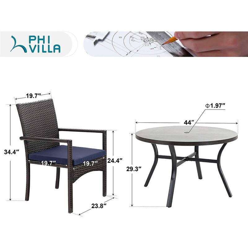 5 Piece Outdoor Dining Sets, 44'' Round Metal Bistro Table with 1.97'' Umbrella Hole and 4 Rattan Garden Chairs