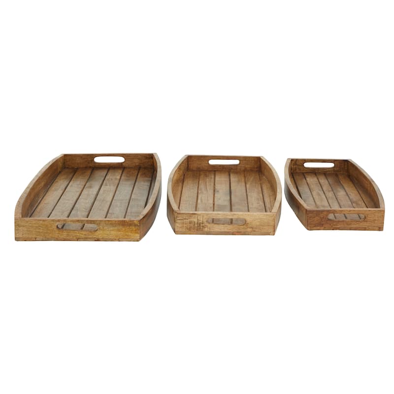 Mango Wood Tray with Slot Handles - Set of 3 Brown - Roche River Decor - 14"W x 20"L x 2"H