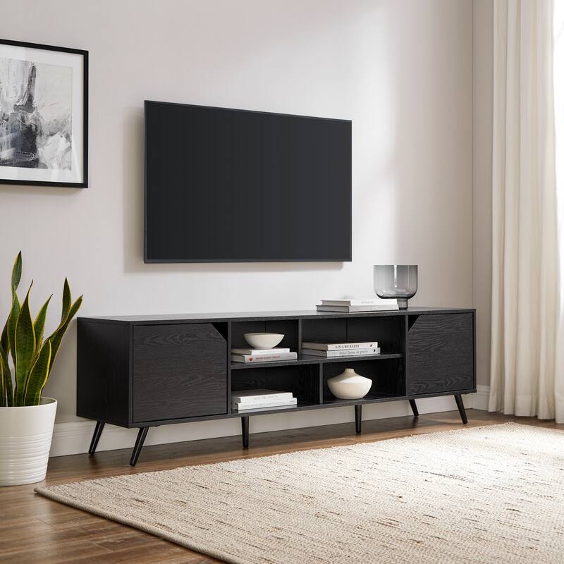 70" Minimalist TV Stand in Black with Adjustable Shelves, Open Storage & Cord Management