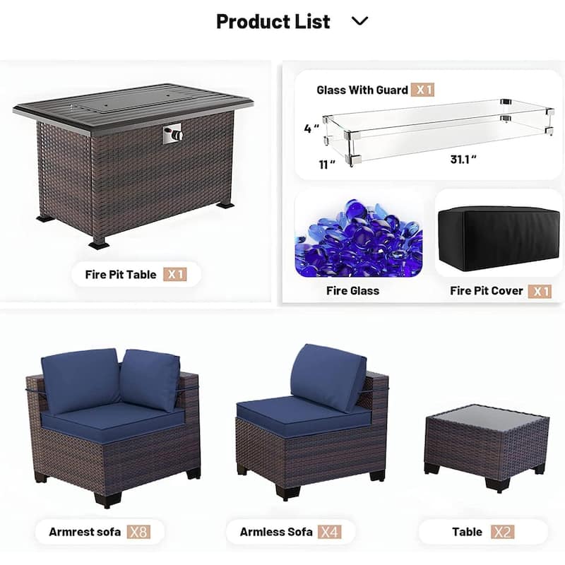 Kullavik 15PCS Outdoor Patio Furniture Set with Fire Pit Table & Glass Top Coffee Table