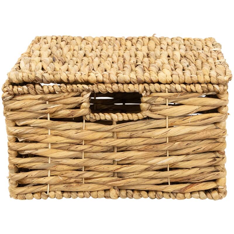 Set of 3 Camel Beige Woven Water Hyacinth Lidded Square Storage Baskets 15.5" - 15.5