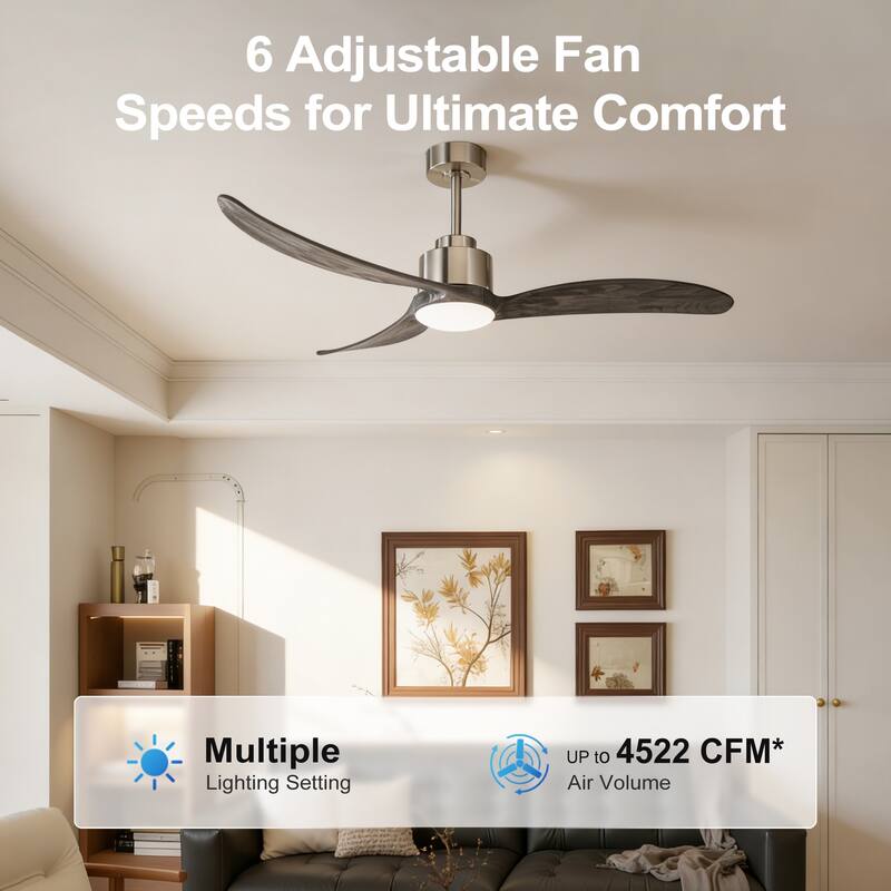 52"Ceiling Fan with LED Light Remote Control,Quiet DC Motor 6 Speed Levels,Adjust Height( 2 PCS Rod) Reversible Ceiling Fan