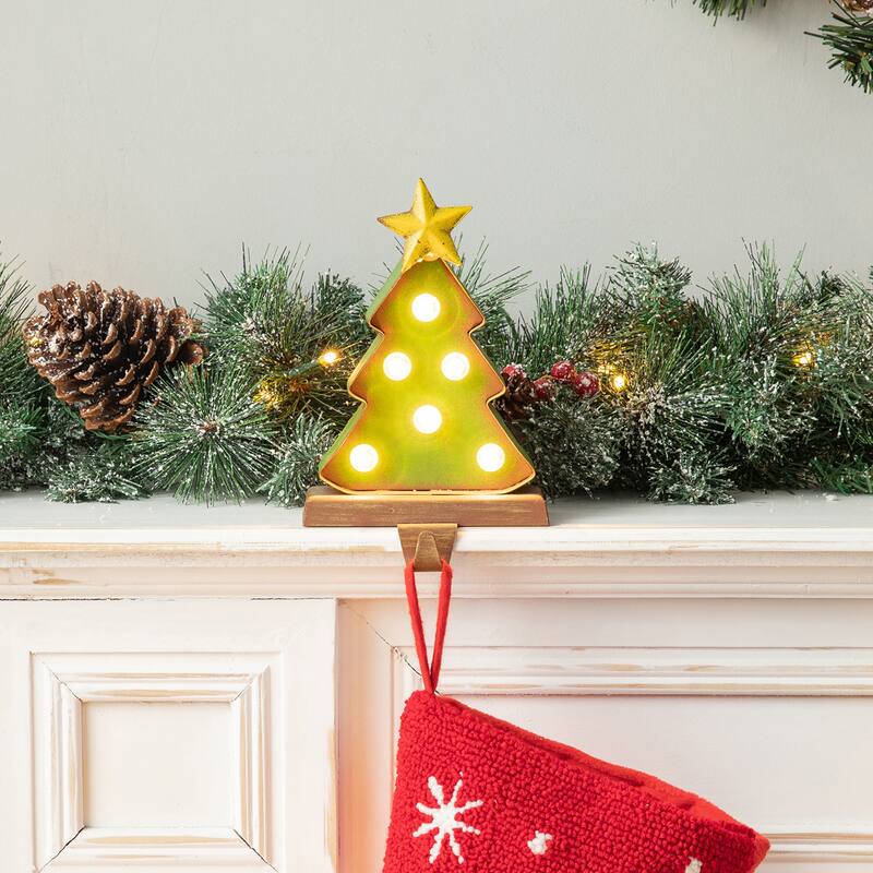 Glitzhome Marquee LED Cartoon Tree Snowman Christmas Stocking Holders Mantel Ornament