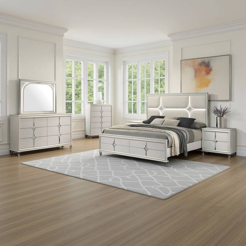 Ory 5pc Queen Bedroom Set, Touch LED, Diamond Star Design, White Wood