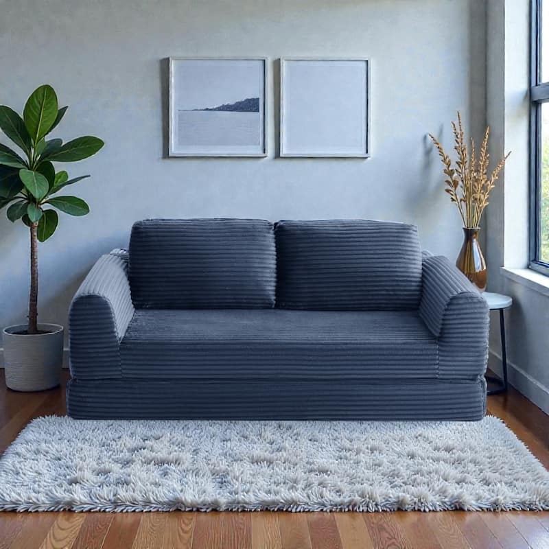 2 in 1 Folding Sofa Bed, Corduroy Convertible Sleeper Couch with Pillows, Boneless Futon Floor Sofa - Blue
