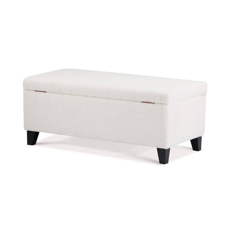 Textured Boucle Fabric Storage Ottoma, Upholstered Footstool with Flip Top Lid, Entryway Bench with Birch Wood Legs