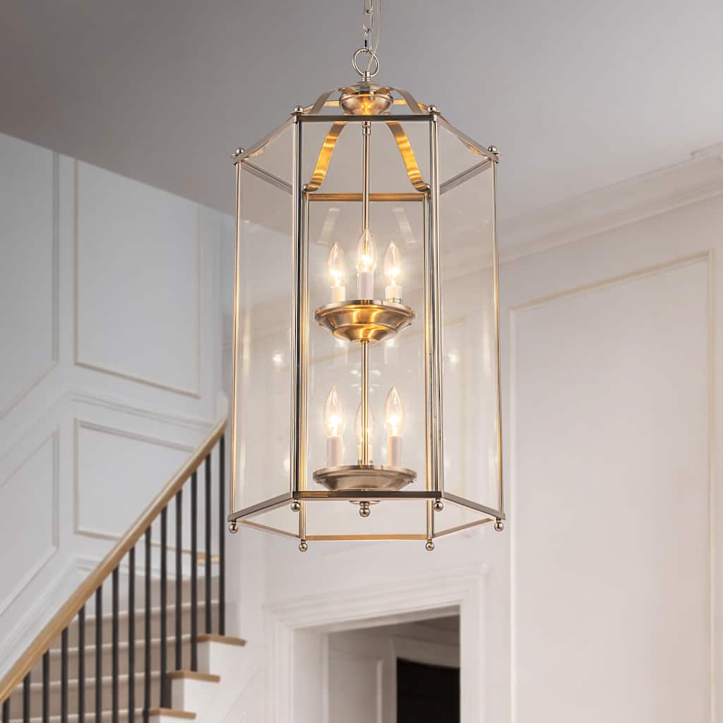 6 Light 2-Tier Satin Nickel Lantern Pendant Light 17'' Vintage Empire Style Chandelier with Clear Glass Shade for Hall Entryway