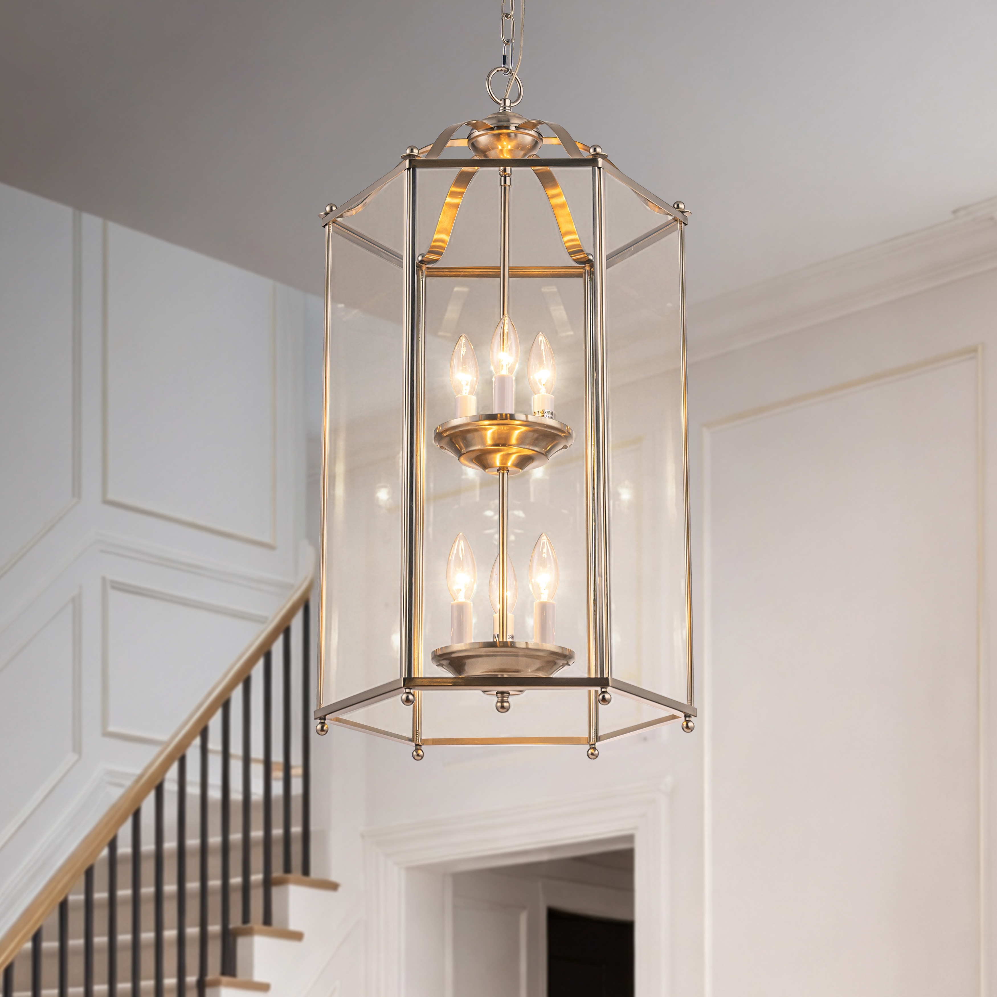 6 Light 2-Tier Satin Nickel Lantern Pendant Light 17'' Vintage Empire Style Chandelier with Clear Glass Shade for Hall Entryway