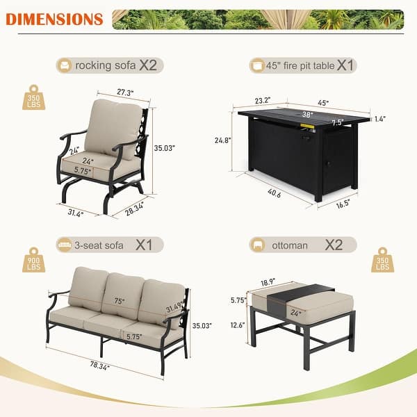 dimension image slide 3 of 19, MAISON ARTS Outdoor Sofa Set 4/6-Piece Patio Conversation Set with 45'' Gas Fire Pit Table