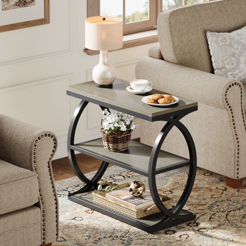 Small 3-Tier End Table for Living Room, Industrial Wooden Side Table with Metal Frame, Rustic Brown