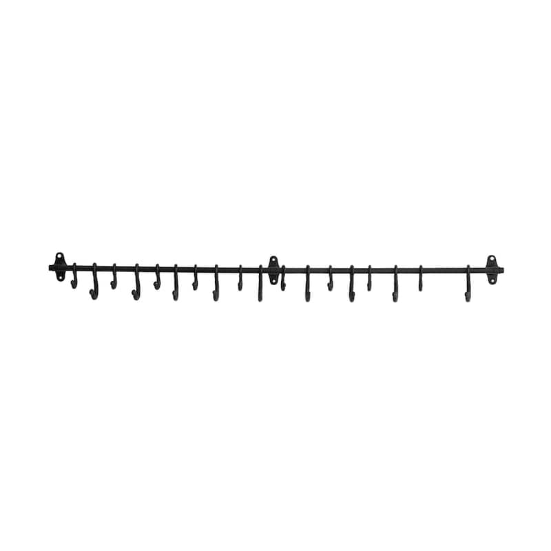 Decorative Forged Metal Wall Rod with 18 Hooks - 48.0"L x 4.3"W x 3.0"H - 48.0"L x 4.3"W x 3.0"H - Black