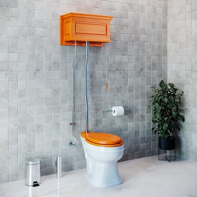 High Tank Toilet - Light Mahogany Raised Tank, Chrome Z Pipes and Elongated White Bowl Renovators Supply