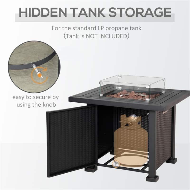 33 Inch Propane Fire Pit Table with 50000 BTU Burner Glass Wind Guard Lid Lava Rocks and Hidden Tank Storage