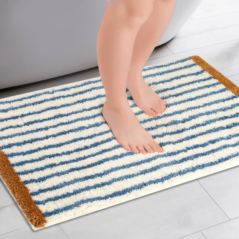 Striped Bathroom Rug Mat, Non-Slip Soft Bath Carpet, Absorbent Machine Washable Bathmat for Home Decor - Dark Blue - 20" x 32"