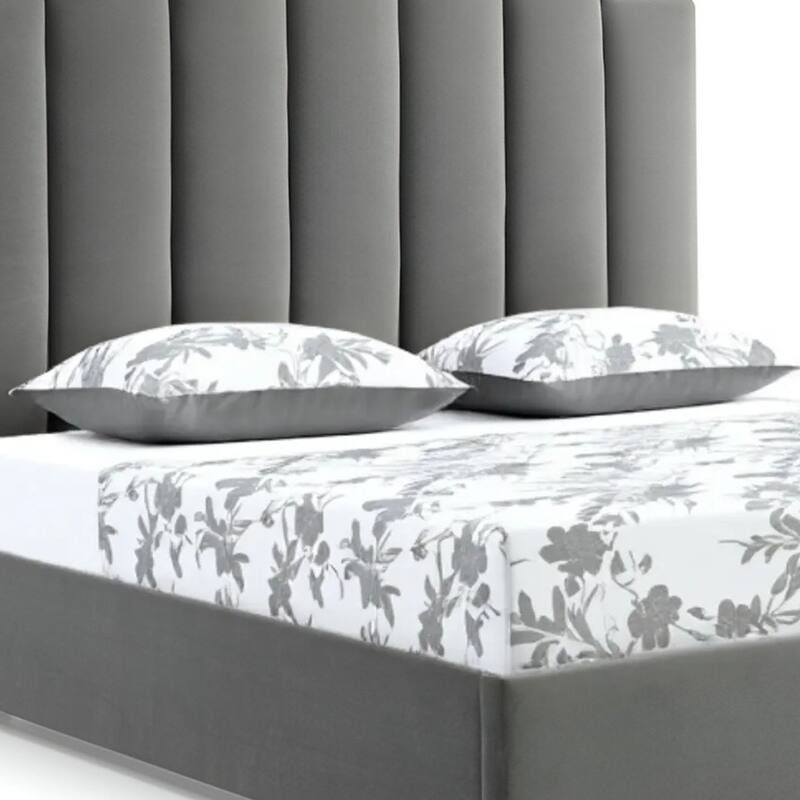 HomeRoots Queen Grey Upholstered Vertical Channel Velvet Bed with USB.