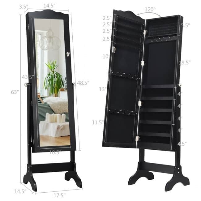 Mirrored Lockable Jewelry Cabinet Armoire Organizer Storage Box - 18.5" x 14.5" x 63.5" ( L x W x T )