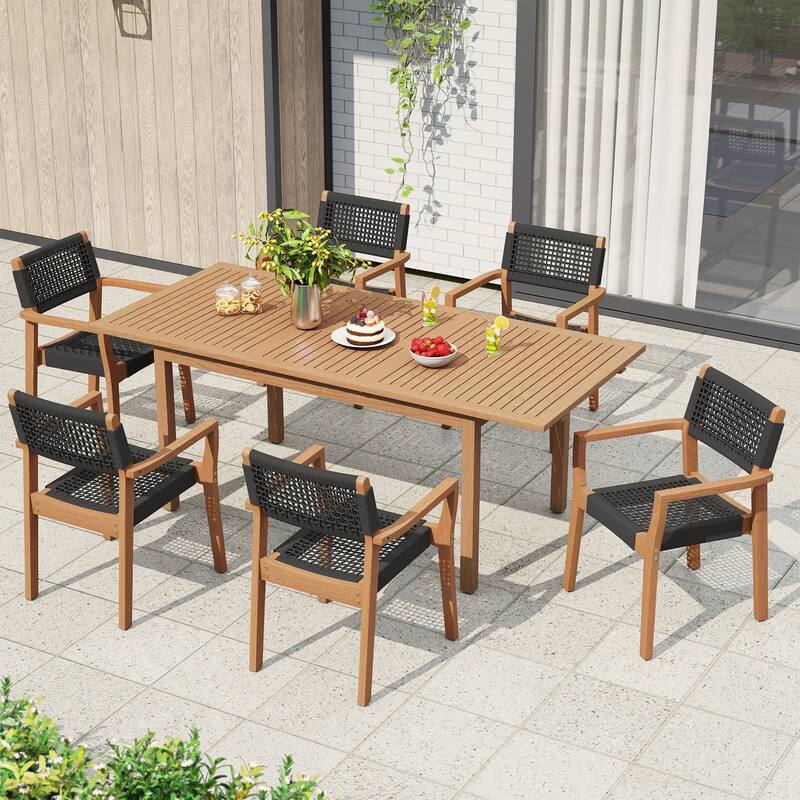 Outdoor Wooden Dining Table with 6 Woven - Seat Chairs Set