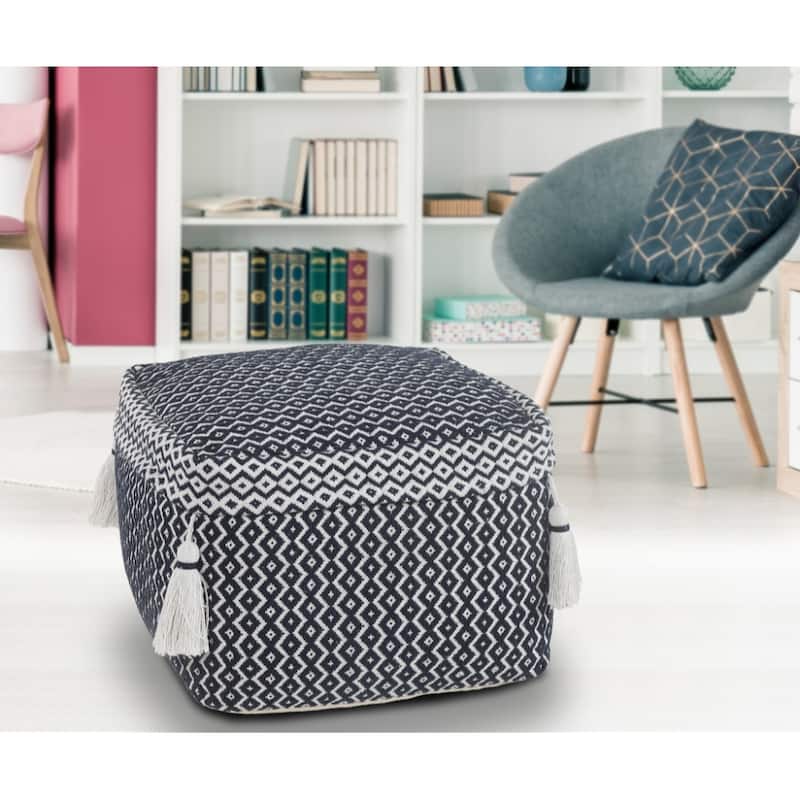 Blue Cotton Pouf Ottoman 18 Inch Geometric Pattern Seat or Footrest
