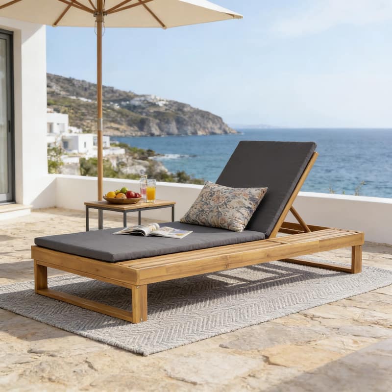 Christopher Knight Home - Modern Outdoor Acacia Wood Chaise Lounge with 4-Position Adjustable Backrest & 2-Fold Cushion - Teak Finish+Dark Gray