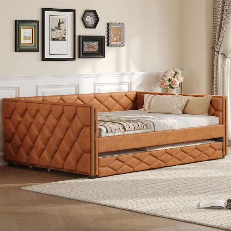 Full XL Upholstered Daybed with Trundle and LED Lighting, Brown