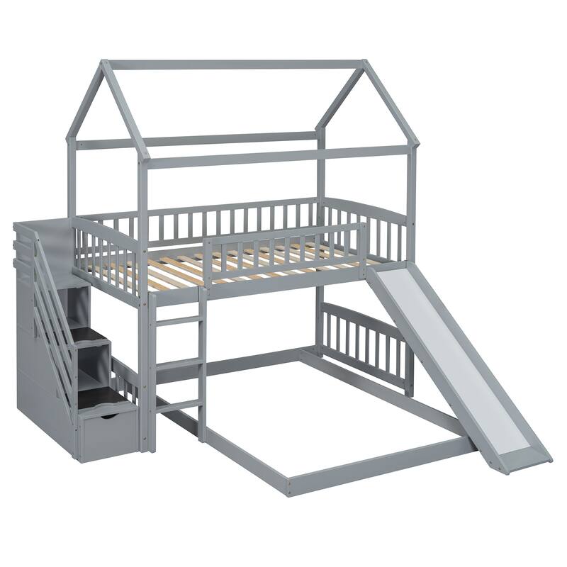 Twin Over Full Bunk Bed with Slide and Storage, Gray