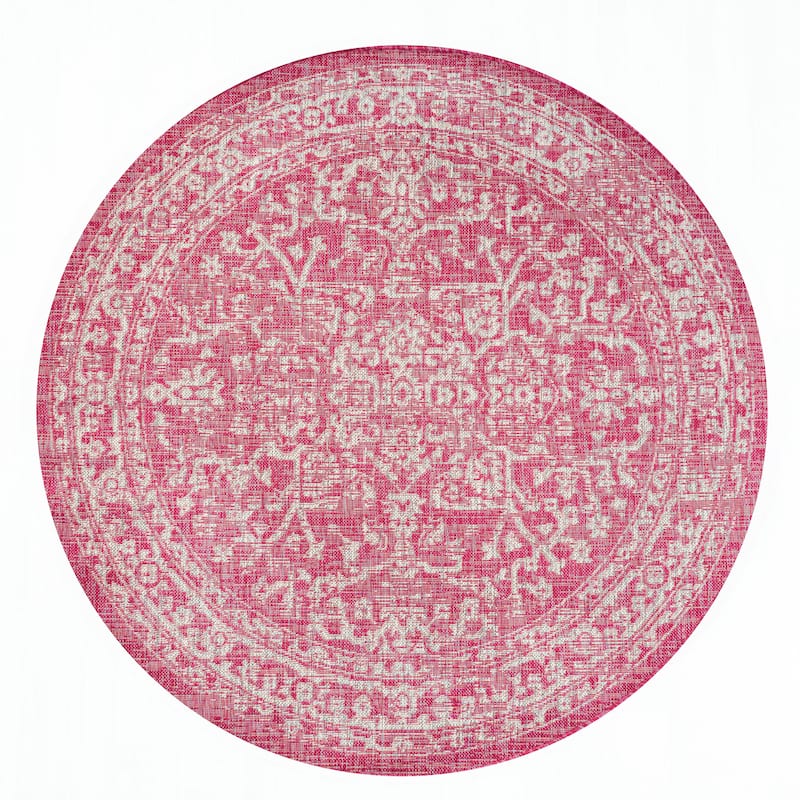 JONATHAN Y Medallion Textured Weave Indoor/Outdoor Area Rug - 5' Round - Fuchsia/Light Gray