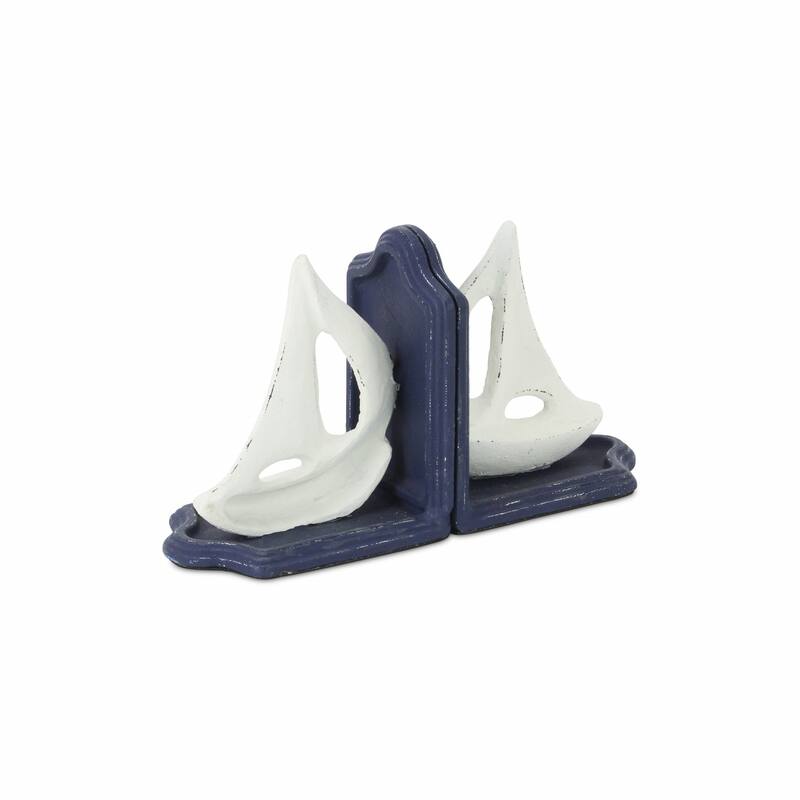 HomeRoots Set of Two 5" Blue And White Cast Iron Sailboat Decorative Bookends - 9.5 x 3.25 x 5.25