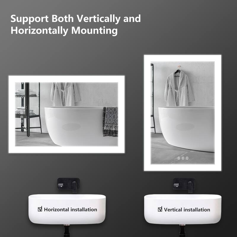 LED Bathroom Vanity Mirror Wall Mounted Dimmable Anti-Fog Mirror with 3 Buttons Vertical & Horizontal Hang