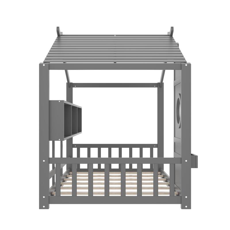 House Bed Frame for Toddler Floor Bed, Kids Montessori Bed with Storage Shelf and Round Window, Playhouse Bed with Roof Design