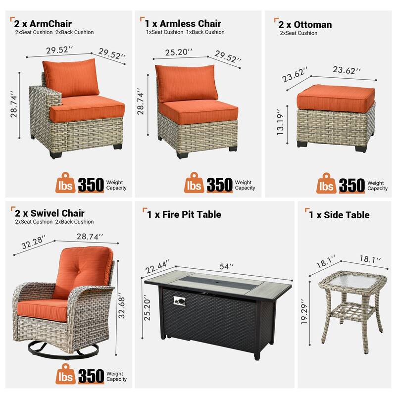 OVIOS 9 Pieces T shaped Seat Curved Swivel Chair Set With Fire Pit