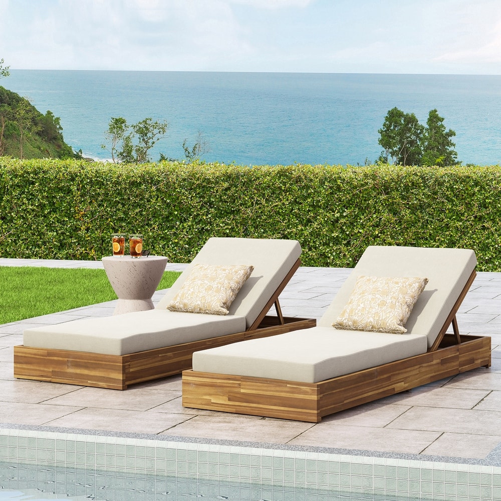 Ian Outdoor Acacia Wood Chaise Lounge with Cushion (Set of 2) by Christopher Knight Home