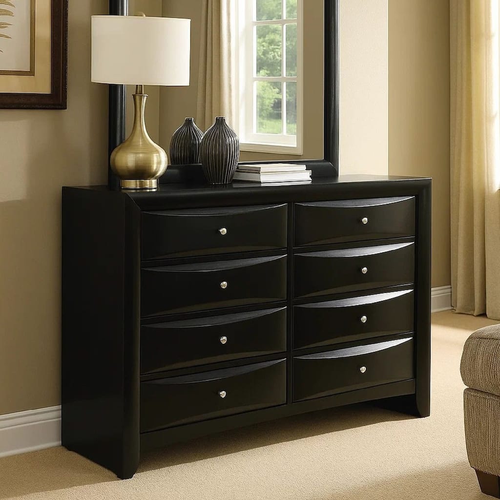 Ica 59 Inch Wide Dresser, 8 Chambered Drawers, Felt Lined, Modern Black
