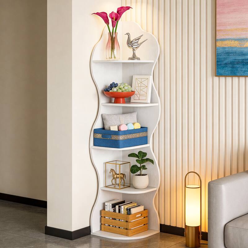5-Tier Corner Bookshelf Tall Bookcase with Curvy Shape - WHITE-2PCS