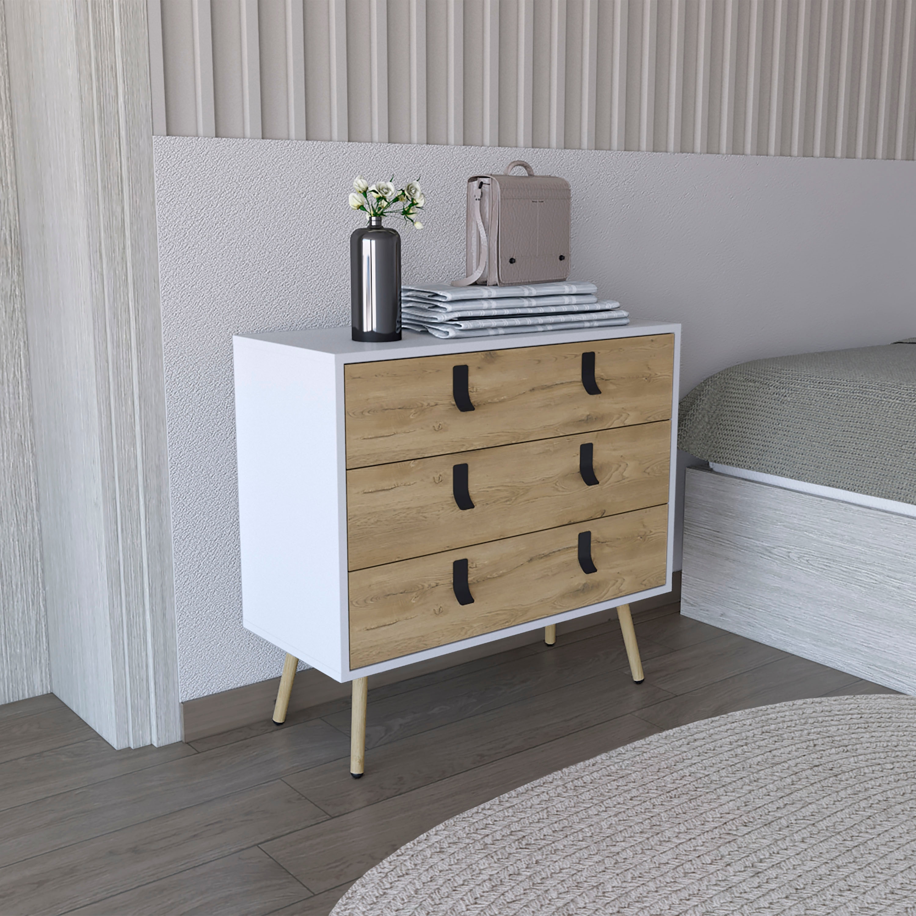 Dresser with 3 Drawers Modern Bedroom Living Room Metal Handles Wooden Legs Ample Top Surface Spacious Drawers