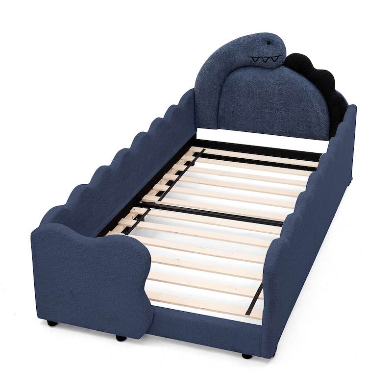 Twin Dinosaur-Shaped Kids Bed with Safety Guardrail - Solid Wood Toddler Bed Frame in Boucle Fabric