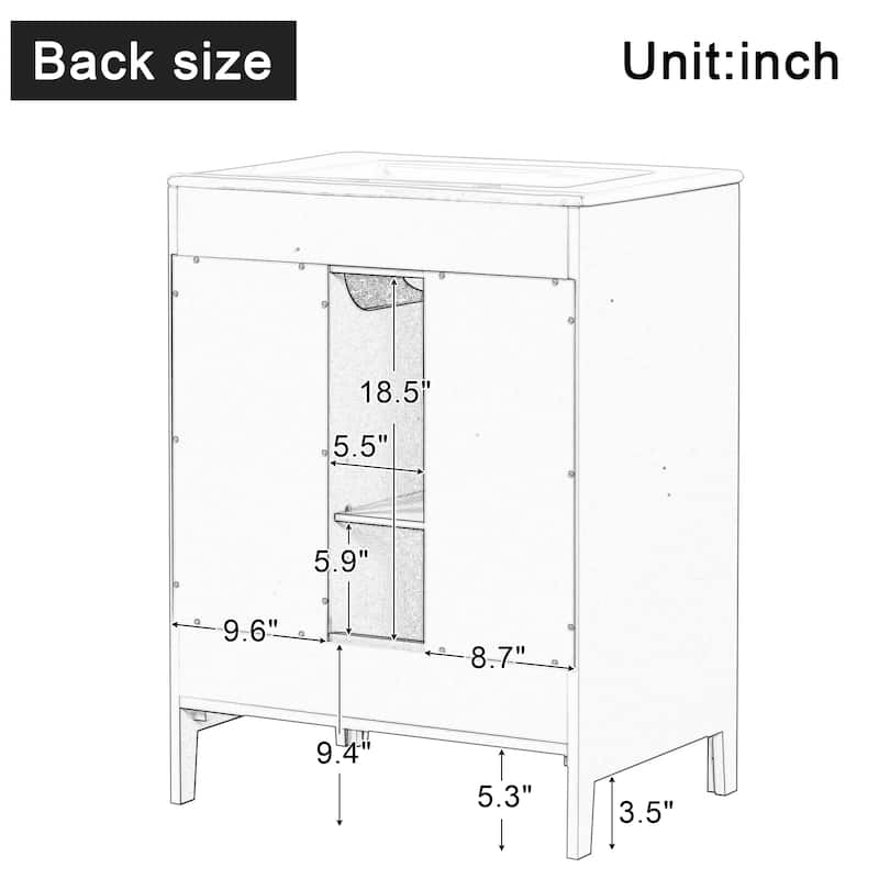 GDFStudio - Emma 24-Inch Bathroom Vanity with Ceramic Sink, Moru Glass Door and Adjustable Storage