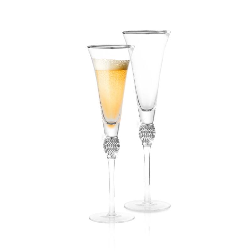 Berkware Luxurious Champagne Trumpet Flutes with Dazzling Rhinestone Rim - Set of 2 - Silver