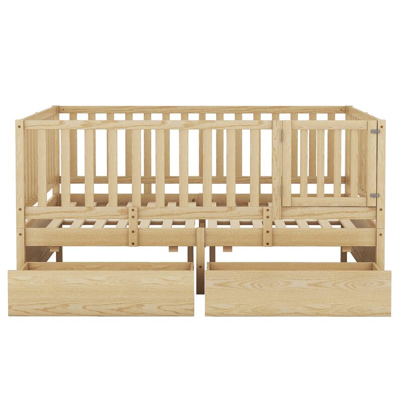Modern Wood Daybed with Fence Guardrails and 2 Drawers