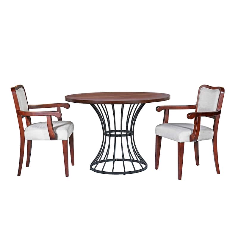 42" Round Dining Set -Solid Wood-Look Veneer Table +2 Upholstered Armchairs,Heavy-Duty Iron Pedestal Base,Space-Saving,3-Piece