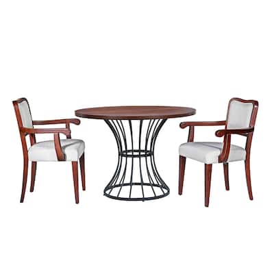 42" Round Oak Dining Set - Solid Wood-Look Veneer Table + 2 Upholstered Walnut-Finish ARMCHAIRS, Heavy-Duty Iron Pedestal Base