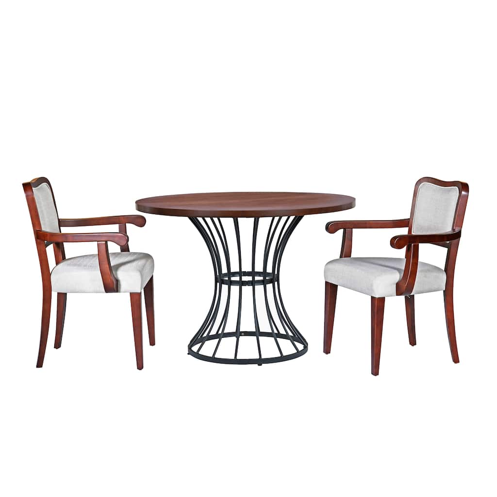 42" Round Oak Dining Set - Solid Wood-Look Veneer Table + 2 Upholstered Walnut-Finish ARMCHAIRS, Heavy-Duty Iron Pedestal Base