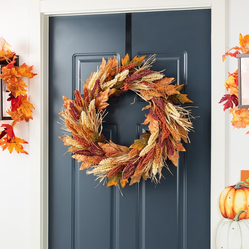 Glitzhome 5-Piece Fall Multi-Colored Sorghum Sunflower Pumpkin Wreath & Garland & Porch Tree Set