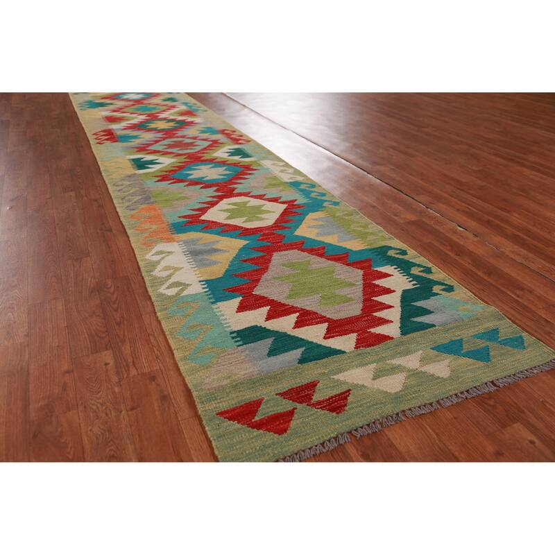 Hand Woven Oriental 100% Wool Carpet Southwestern Geometric Multi-Colored Kilim Runner Rug - 15' 11'' X 2' 7''