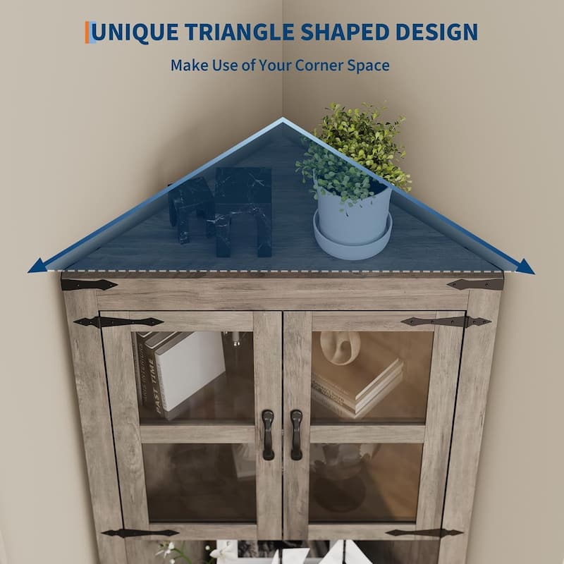67" Tall Corner Storage Cabinet with Lights, Farmhouse Corner Hutch Display Cabinet with Glass Doors