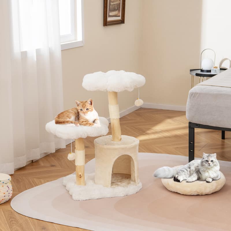 Cute Solid Wood Cat Tree Natural Branch Modern Flower Cat Tower with Sisal Scratching Posts - 19" x 16" x 32" - White-Beige