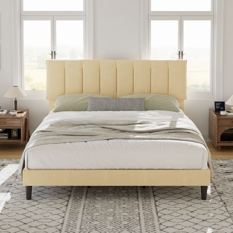 Javlergo Adjustable Height King Bed Upholstered Platform Bed 7.9" Underbed Storage No Box Spring Required Center Support Leg