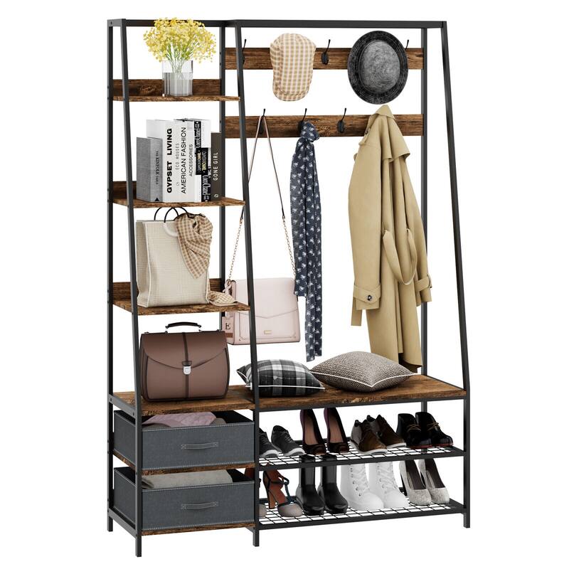 Gymax 6-in-1 Freestanding Hall Tree Coat Rack w/ Bench & Fabric - Brown