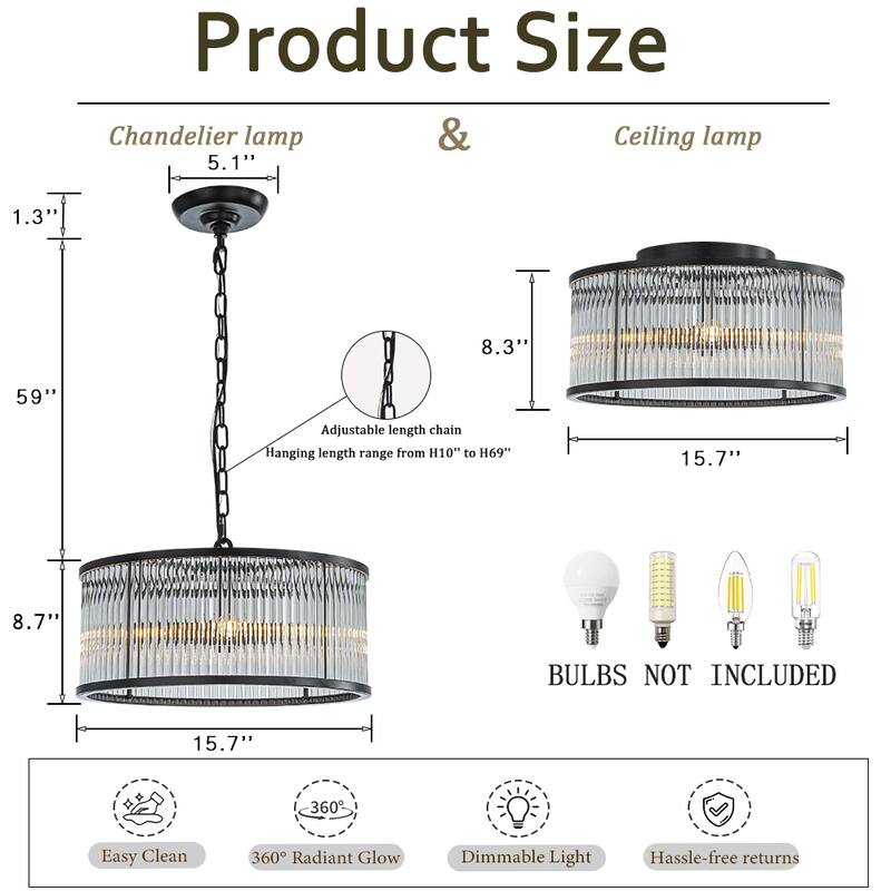 4/10-Light Modern Glam Glass Drum Chandelier Contemporary Hanging Light For Living Room Entryway Bedroom